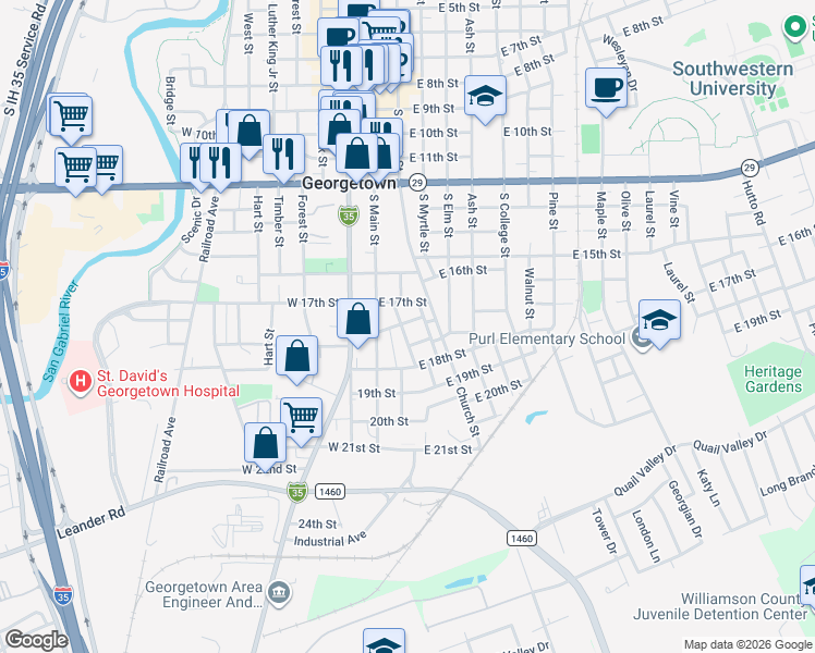 map of restaurants, bars, coffee shops, grocery stores, and more near 1801 Eubank Street in Georgetown