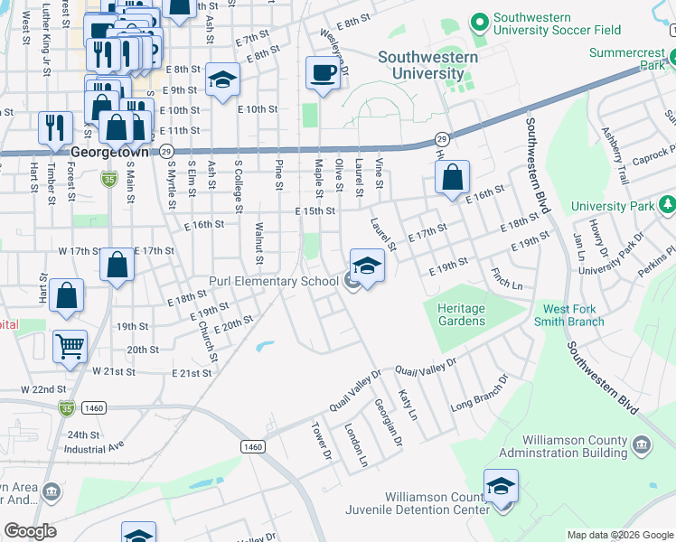 map of restaurants, bars, coffee shops, grocery stores, and more near 1708 Olive Street in Georgetown