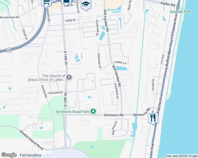 map of restaurants, bars, coffee shops, grocery stores, and more near 2803 Tidewater Street in Fernandina Beach