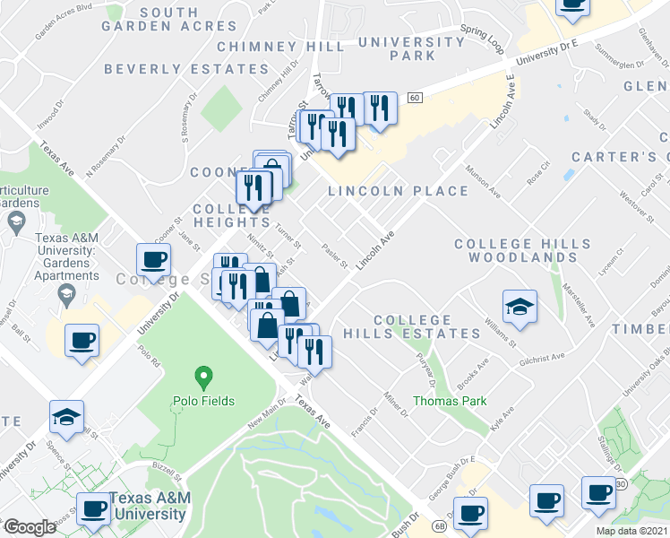 map of restaurants, bars, coffee shops, grocery stores, and more near 825 Pasler Street in College Station