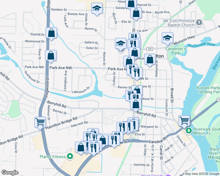 map of restaurants, bars, coffee shops, grocery stores, and more near 6617 Ravine Street in Milton