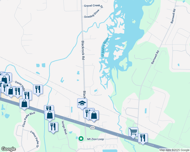 map of restaurants, bars, coffee shops, grocery stores, and more near 96188 Windsor Drive in Yulee