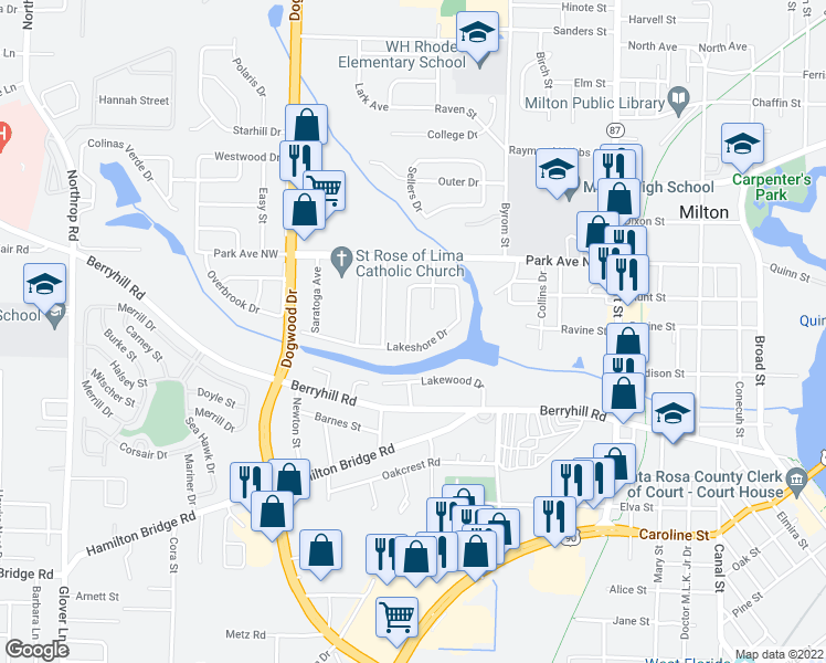 map of restaurants, bars, coffee shops, grocery stores, and more near 5338 Youpon Drive in Milton