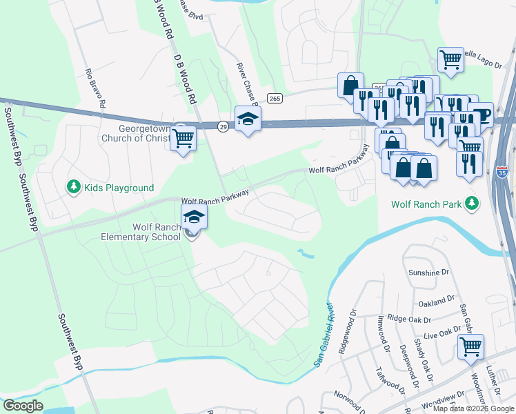 map of restaurants, bars, coffee shops, grocery stores, and more near 301 Diamondback Drive in Georgetown