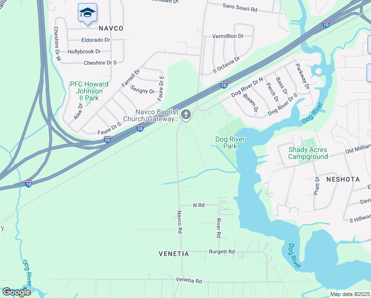 map of restaurants, bars, coffee shops, grocery stores, and more near 2371 Columbus Avenue in Mobile