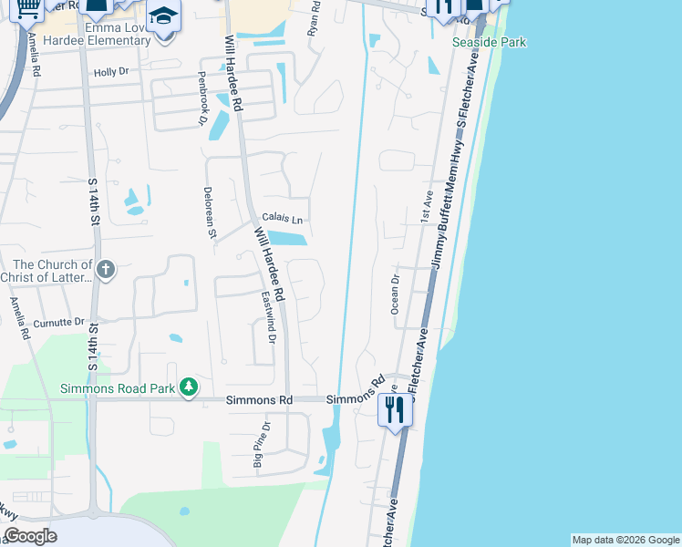 map of restaurants, bars, coffee shops, grocery stores, and more near 2828 Park Square Place East in Fernandina Beach