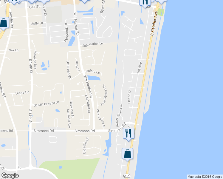 map of restaurants, bars, coffee shops, grocery stores, and more near 2828 Park Square Place East in Fernandina Beach