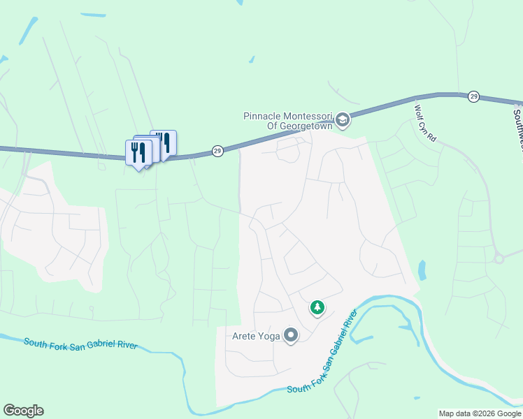 map of restaurants, bars, coffee shops, grocery stores, and more near 1105 Ridge Runner Drive in Georgetown