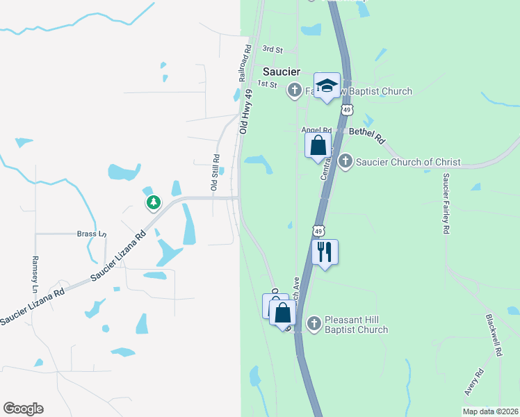 map of restaurants, bars, coffee shops, grocery stores, and more near 23412 Old Highway 49 in Saucier
