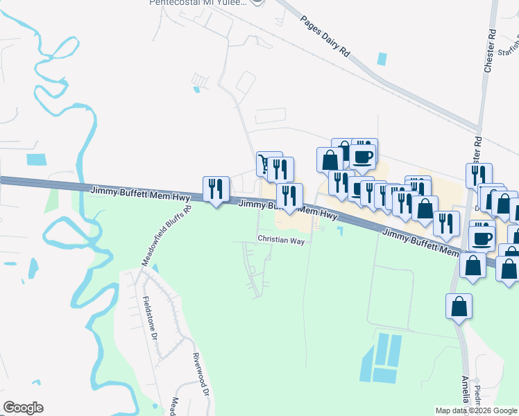 map of restaurants, bars, coffee shops, grocery stores, and more near Christian Way in Yulee