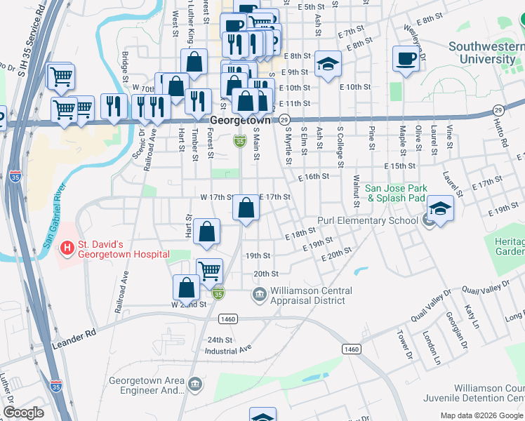 map of restaurants, bars, coffee shops, grocery stores, and more near 1710 South Main Street in Georgetown