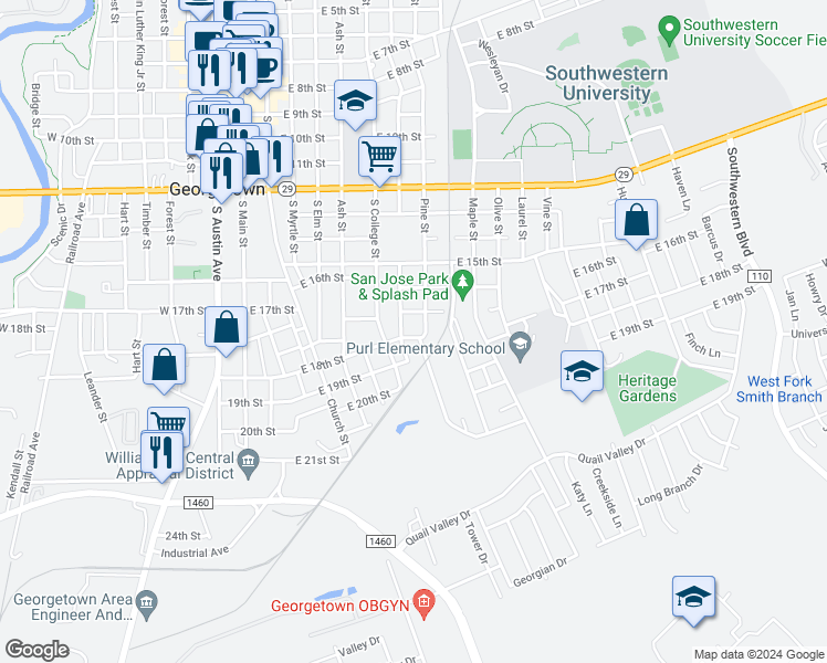 map of restaurants, bars, coffee shops, grocery stores, and more near 1708 South Pine Street in Georgetown