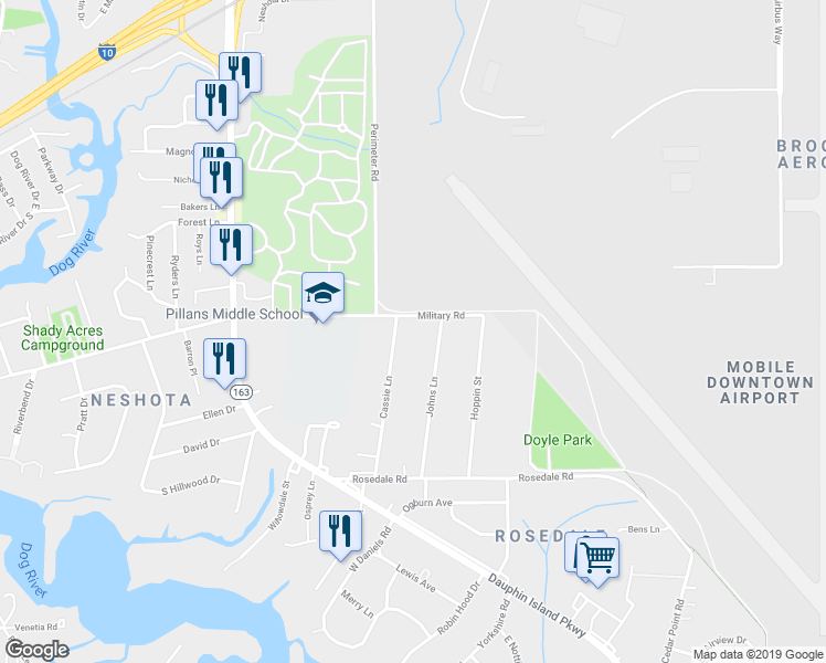 map of restaurants, bars, coffee shops, grocery stores, and more near 1909 Military Road in Mobile