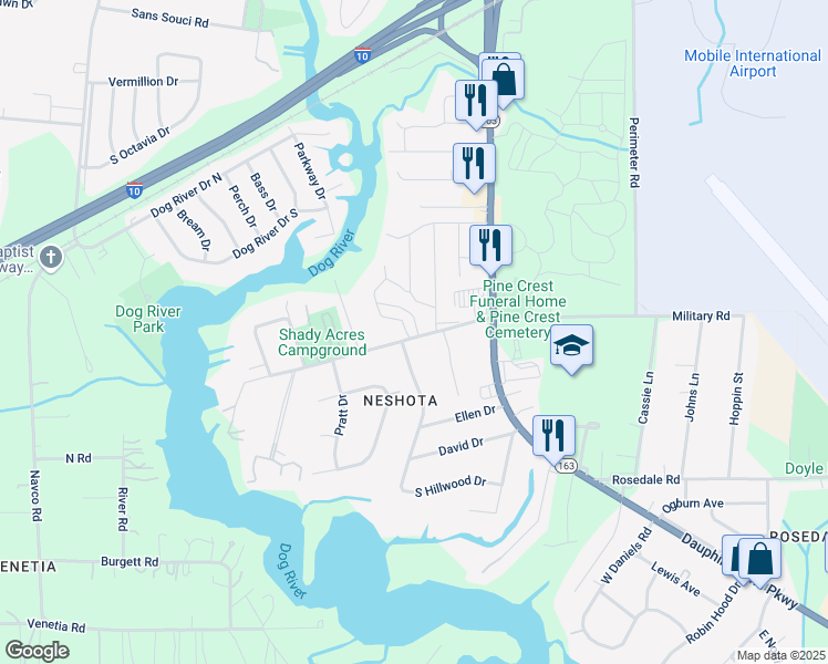 map of restaurants, bars, coffee shops, grocery stores, and more near 2308 Old Military Road in Mobile