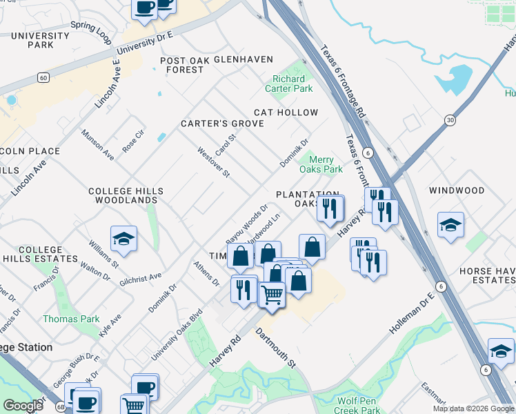 map of restaurants, bars, coffee shops, grocery stores, and more near 1303 Bayou Woods Drive in College Station