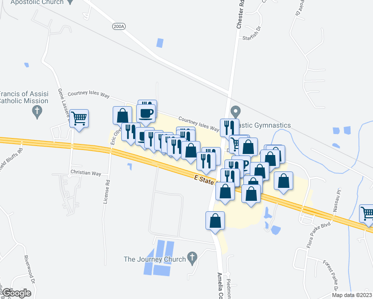 map of restaurants, bars, coffee shops, grocery stores, and more near 463797 Florida 200 in Yulee