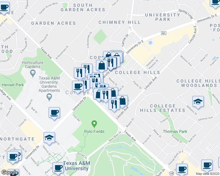 map of restaurants, bars, coffee shops, grocery stores, and more near 301 Live Oak Street in College Station