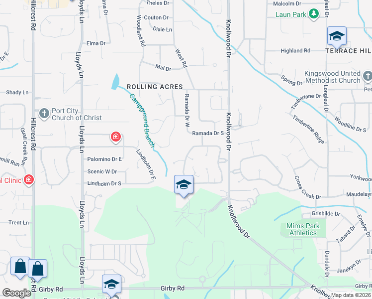 map of restaurants, bars, coffee shops, grocery stores, and more near Blue Ridge Drive North in Mobile