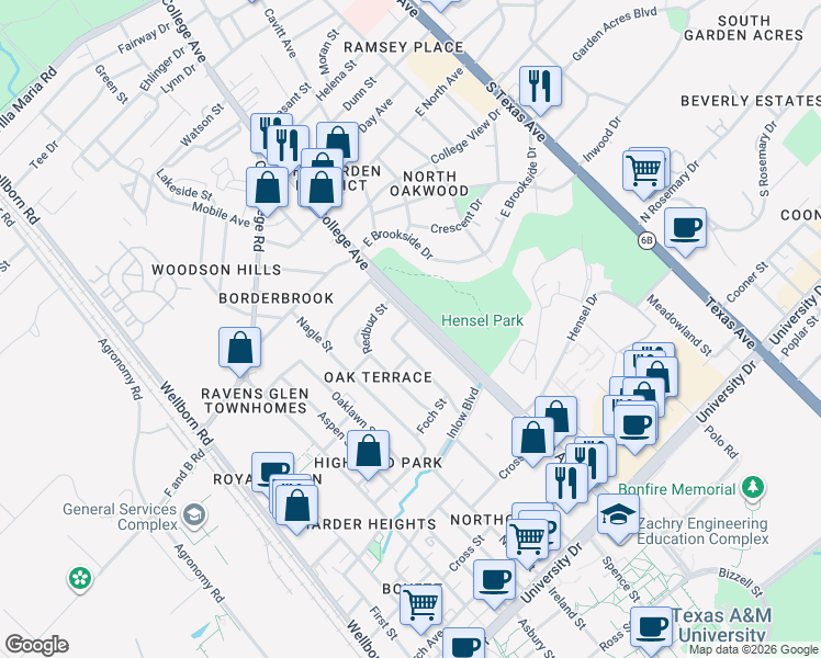 map of restaurants, bars, coffee shops, grocery stores, and more near 4100-4334 College Avenue in College Station