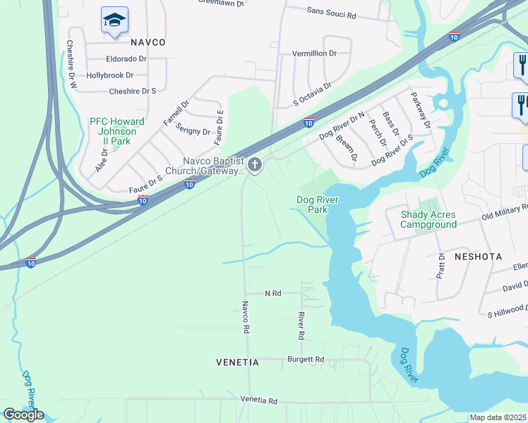 map of restaurants, bars, coffee shops, grocery stores, and more near 2371 Columbus Ave in Mobile