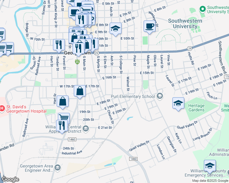 map of restaurants, bars, coffee shops, grocery stores, and more near 506 East 17th Street in Georgetown