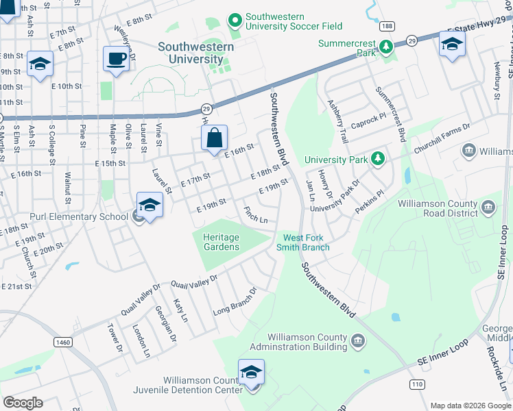 map of restaurants, bars, coffee shops, grocery stores, and more near 104 Vivion Ln in Georgetown