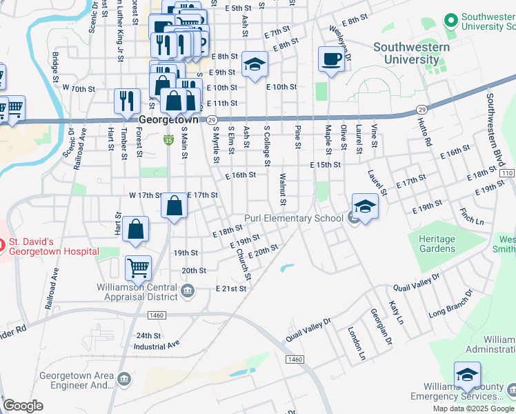 map of restaurants, bars, coffee shops, grocery stores, and more near 506 East 17th Street in Georgetown
