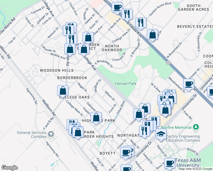 map of restaurants, bars, coffee shops, grocery stores, and more near 4100-4334 College Avenue in College Station
