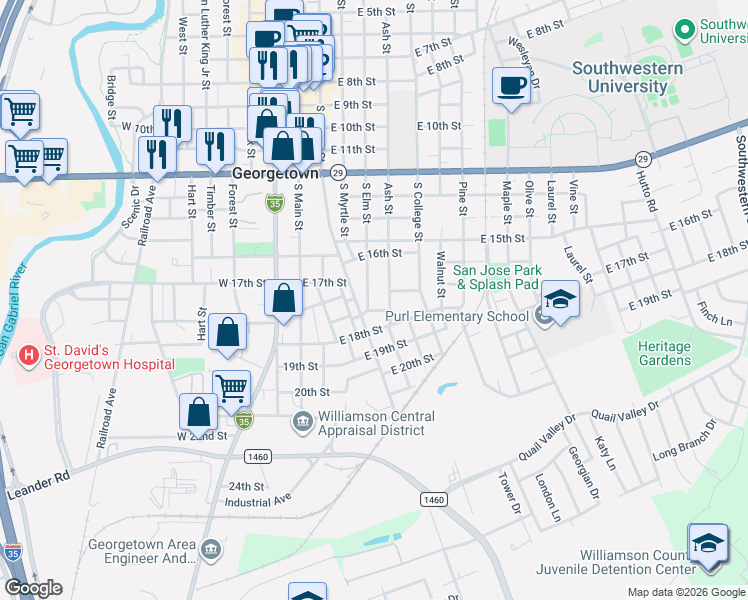 map of restaurants, bars, coffee shops, grocery stores, and more near 1807 South Elm Street in Georgetown