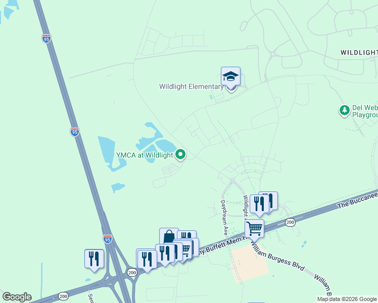 map of restaurants, bars, coffee shops, grocery stores, and more near Wildlight Avenue in Nassau County