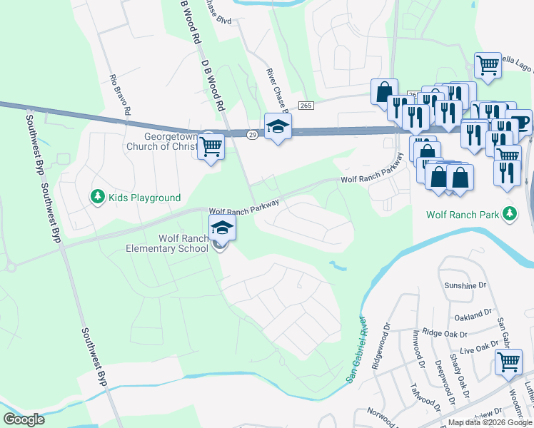 map of restaurants, bars, coffee shops, grocery stores, and more near 112 Arrowhead Mound Road in Georgetown