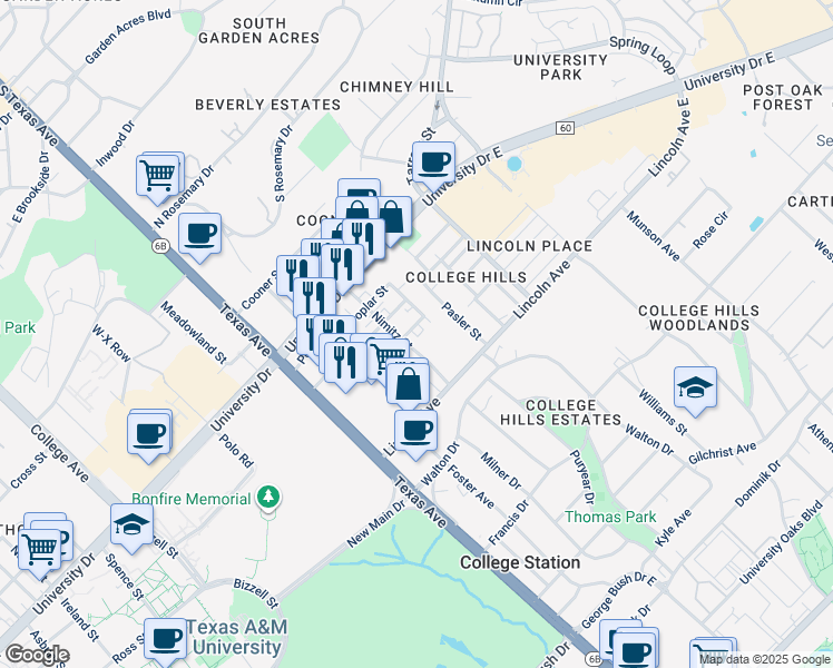 map of restaurants, bars, coffee shops, grocery stores, and more near 401 Ash Street in College Station