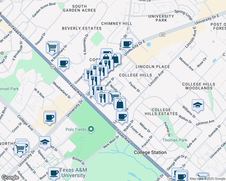 map of restaurants, bars, coffee shops, grocery stores, and more near 301 Live Oak Street in College Station
