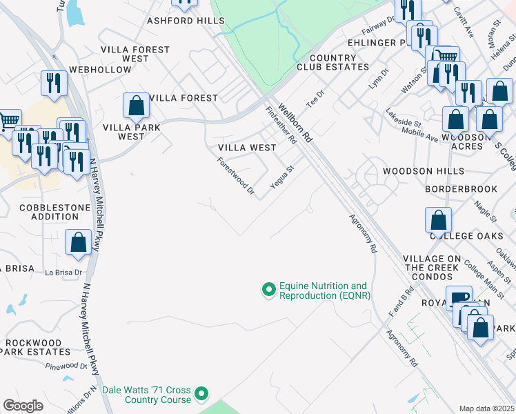 map of restaurants, bars, coffee shops, grocery stores, and more near 3708 Forestwood Drive in Bryan