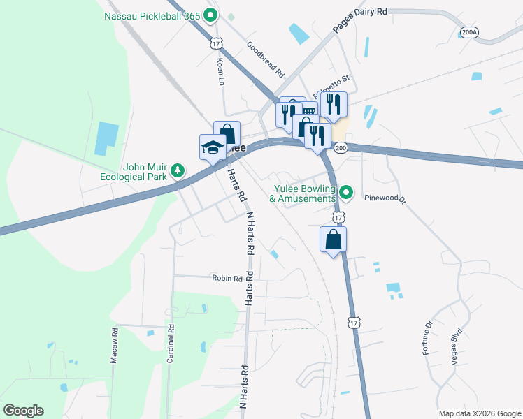 map of restaurants, bars, coffee shops, grocery stores, and more near 85926 Harts Road in Yulee