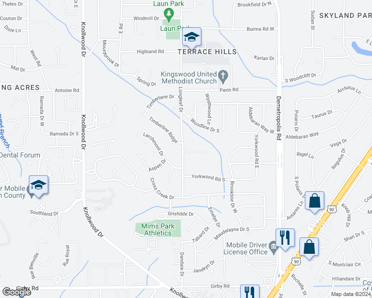 map of restaurants, bars, coffee shops, grocery stores, and more near 5308 Wentworth Court in Mobile