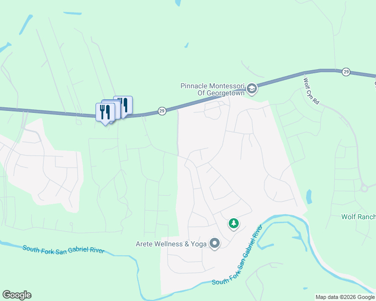 map of restaurants, bars, coffee shops, grocery stores, and more near 1124 Ridge Runner Drive in Georgetown