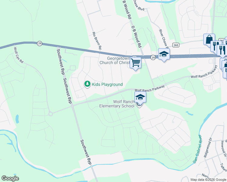 map of restaurants, bars, coffee shops, grocery stores, and more near 203 West Legend Oaks Drive in Georgetown