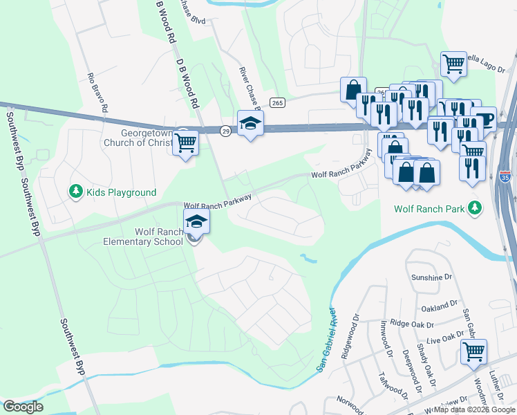 map of restaurants, bars, coffee shops, grocery stores, and more near 301 Diamondback Drive in Georgetown