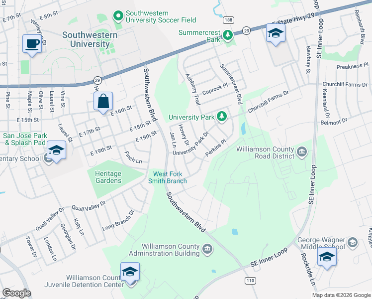 map of restaurants, bars, coffee shops, grocery stores, and more near 2250 Howry Drive in Georgetown