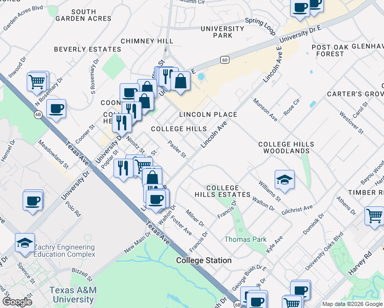 map of restaurants, bars, coffee shops, grocery stores, and more near 825 Pasler Street in College Station