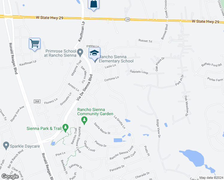 map of restaurants, bars, coffee shops, grocery stores, and more near Montalcino Lane in Georgetown