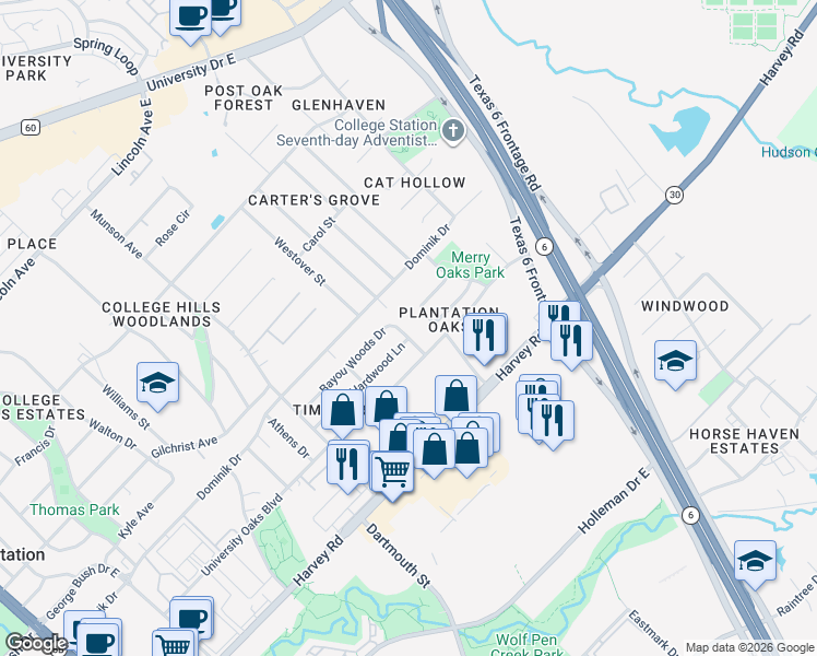 map of restaurants, bars, coffee shops, grocery stores, and more near 1403 Bayou Woods Drive in College Station