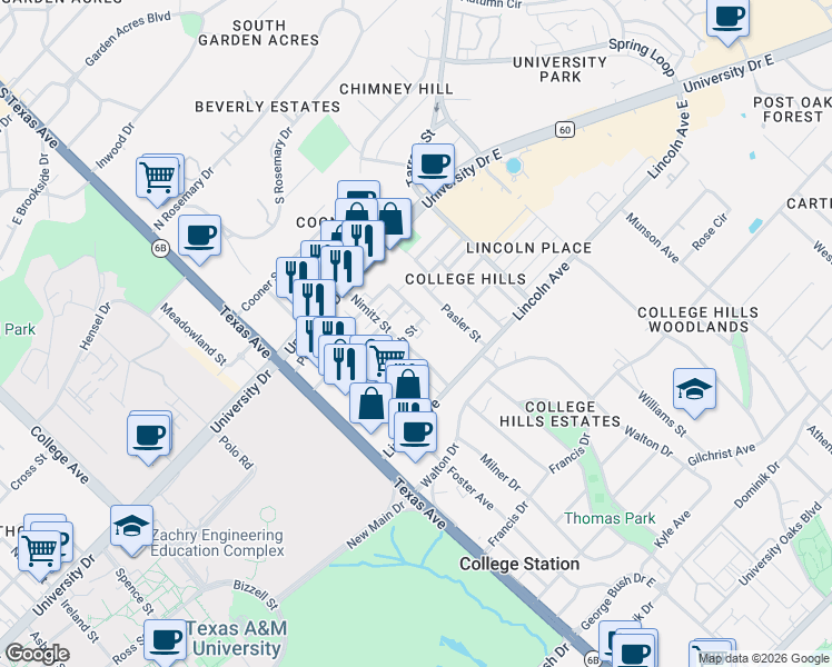 map of restaurants, bars, coffee shops, grocery stores, and more near 401 Ash Street in College Station