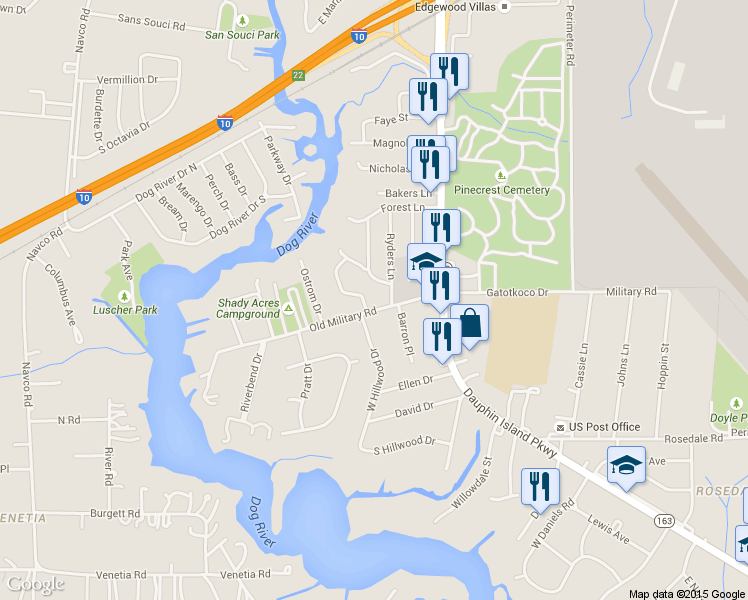 map of restaurants, bars, coffee shops, grocery stores, and more near 2308 Old Military Road in Mobile