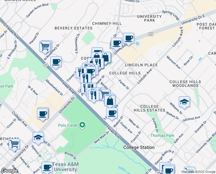 map of restaurants, bars, coffee shops, grocery stores, and more near 401 Ash Street in College Station