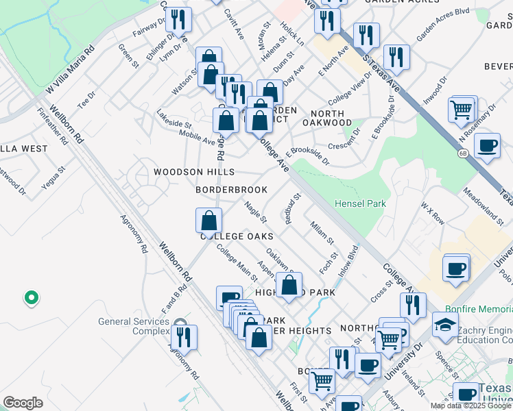 map of restaurants, bars, coffee shops, grocery stores, and more near 3907 Nagle Street in Bryan