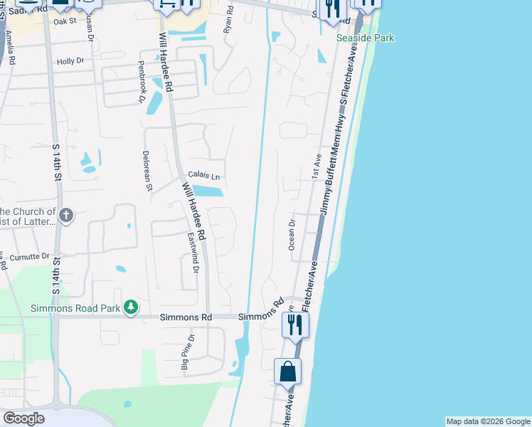 map of restaurants, bars, coffee shops, grocery stores, and more near 2725 Robert Oliver Avenue in Fernandina Beach