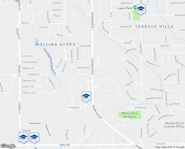map of restaurants, bars, coffee shops, grocery stores, and more near 2900 Knollwood Drive in Mobile
