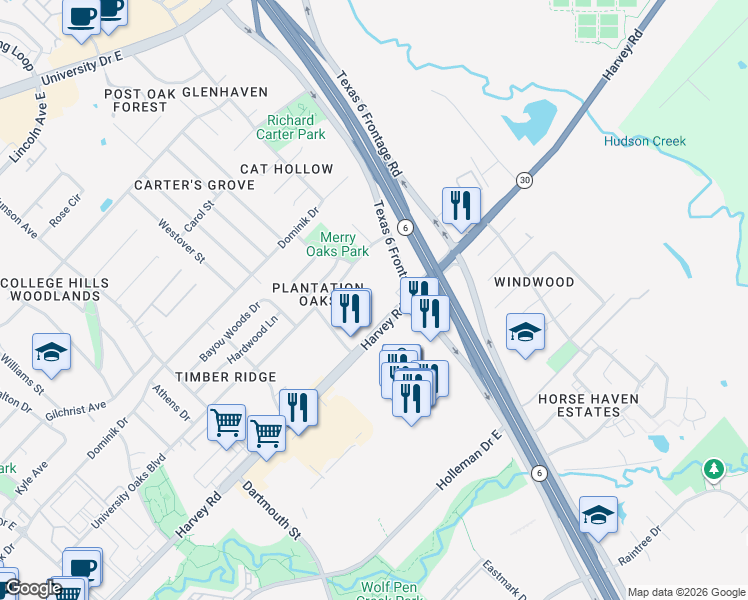 map of restaurants, bars, coffee shops, grocery stores, and more near 1501 Harvey Road in College Station